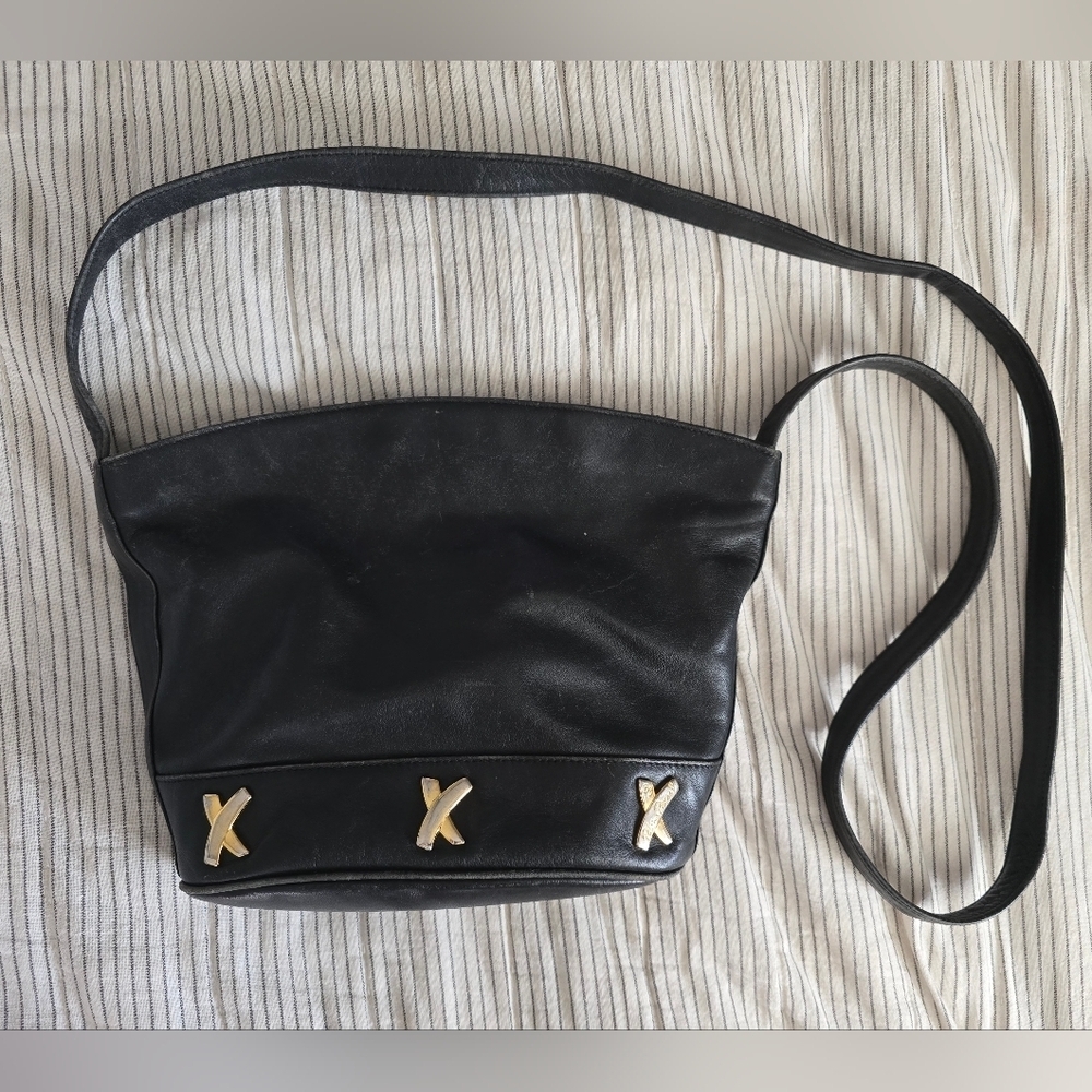 Paloma Picasso Black Leather Crossbody Shoulder Handbag Purse Signature X
